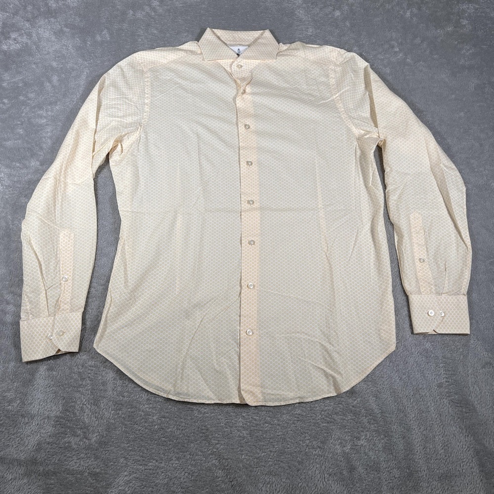 Emanuel Berg Dress Shirt Mens Medium Yellow Dot Modern Fit Long Sleeve Button Do